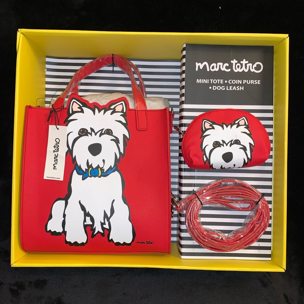 Marc Tetro Westie Mini Tote, Coin Purse & Dog Leash Gift Set NEW in Box